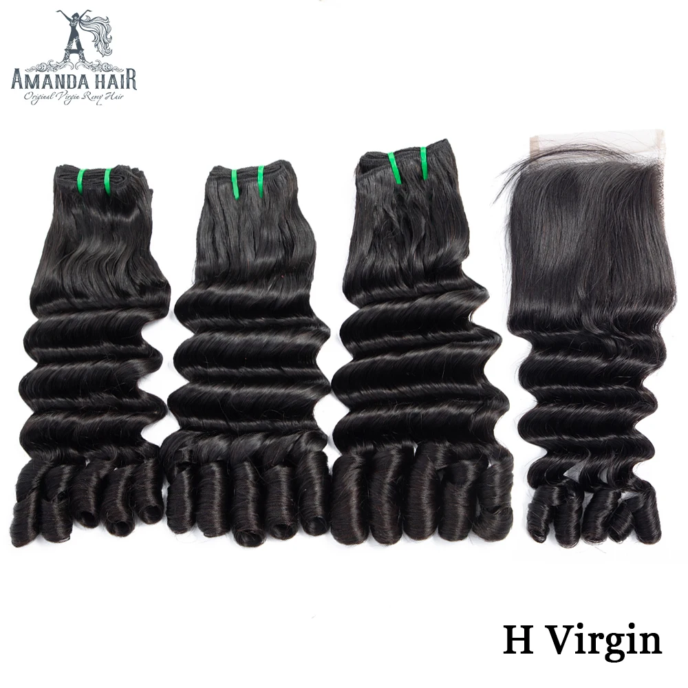 Amanda Ocean Wave Funmi Hair Double Drawn Human Hair Bundles with Closure Unprocessed Brazilian Virgin Hair Bundles with Closure