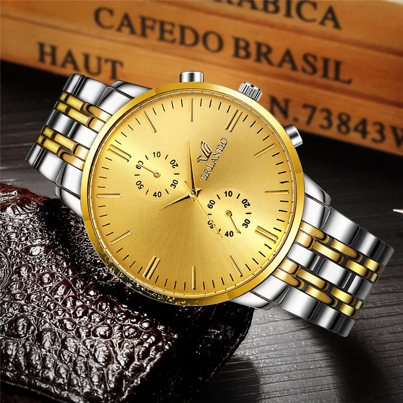 

2020 Fashion Mens Gold Watches Men Silver Gold Stainless Steel Quartz Wristwatch ORLANDO Mens Metal Watch Chinese Quartz Watches