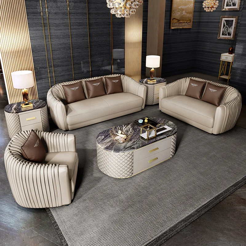 Post-modern light luxury sofa living room combination Modern minimalist furniture luxury villa large-sized leather sofa