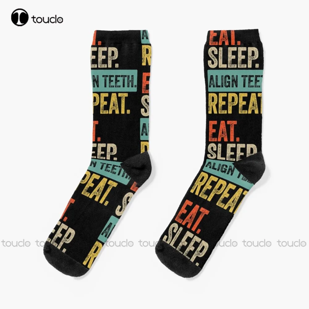 

Eat Sleep Align Teeth Repeat Retro Vintage Socks Running Socks For Men Christmas New Year Gift Custom Gift Unisex Adult Sock