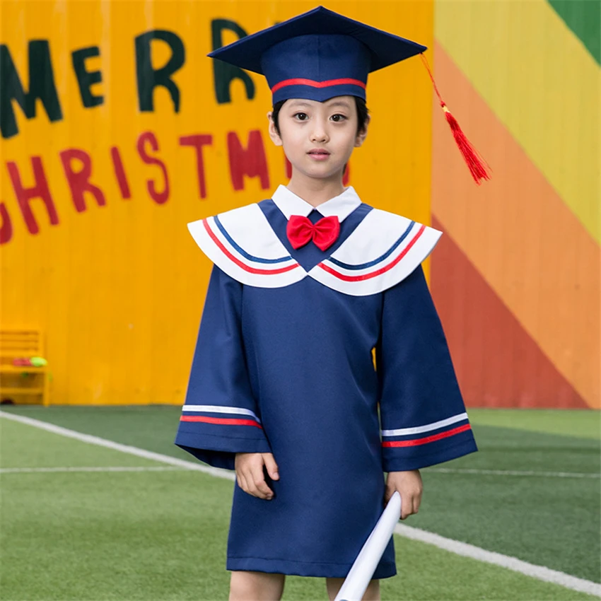 

2021 New School Children Graduation Bachelor Uniform Boys Girls Kindergarten Finish Education Baby Bachelor Cap Set Loose Tie