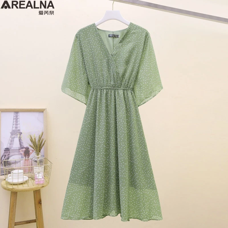 

Summer Chiffon Polka Dot dress women short sleeve Elegant dresses for women fashion Vintage V-neck woman Dress M-4XL vestidos