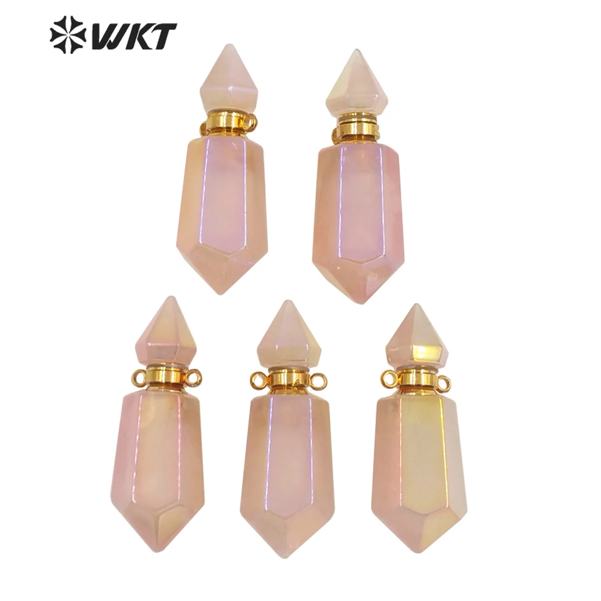 WT-P1650 Amazing Double Point Pink Aura Stone Perfume Bottle Pendant Long Spirit Quartz Necklace Accessories For Girl Friends