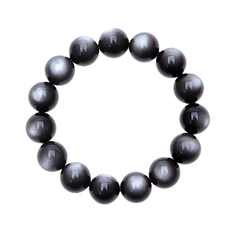 Echte Natuurlijke Zilver Obsidiaan Flash Armband Vrouwen Mannen Stone Stretch Ronde Kralen Crystal 10mm 11mm 12mm 13mm 14mm 15mm AAAAA