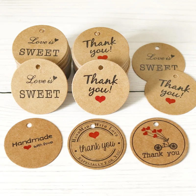 100pcs Kraft Paper Round Tags Thank You Handmade with Love Small Goodie Packaging Supplies Gift Tag Paper Cards Label Tag Decor