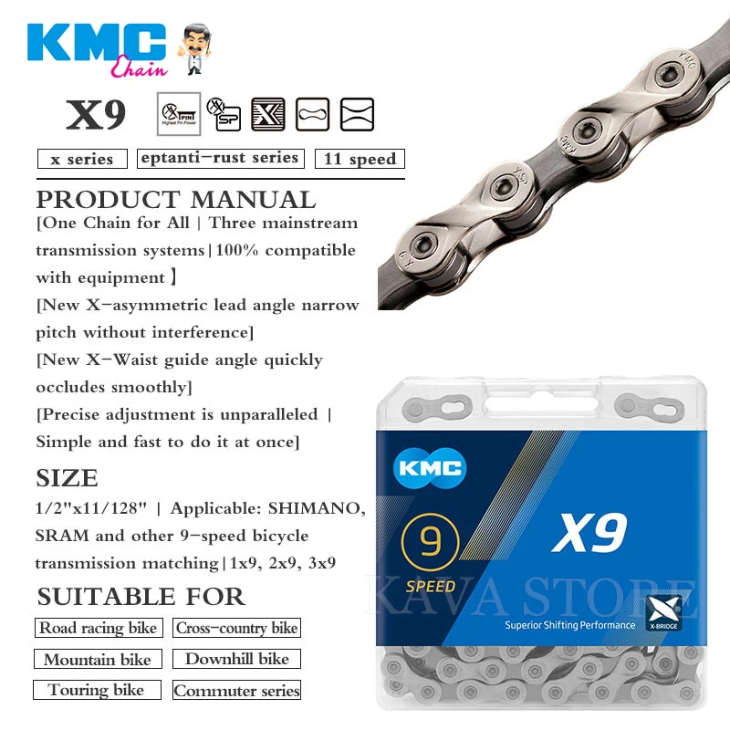 KMC X9 X10 X11 Bicycle Chain 116 Links MTB Road Bike Chain for SRAM 9s 10s 11 Speed Silver-Gray Bike Chains 9v 10v 11v