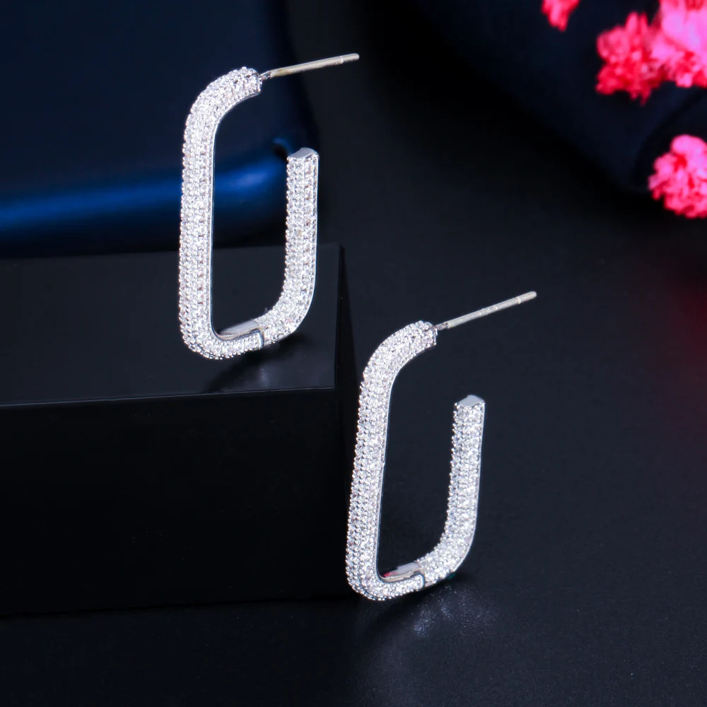 CWWZircons Shiny Pure White Cubic Zircon Micro Pave Geometric Rectangle Hoop Earrings for Women 2022 Trendy New Jewelry CZ858 image 6