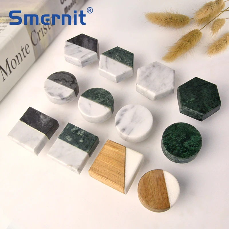 

Brass Marble Furniture Handles Stylish Kitchen Cabinet Knobs Drawer Pulls Patchwork Wood Door Handles and Knobs Decoration