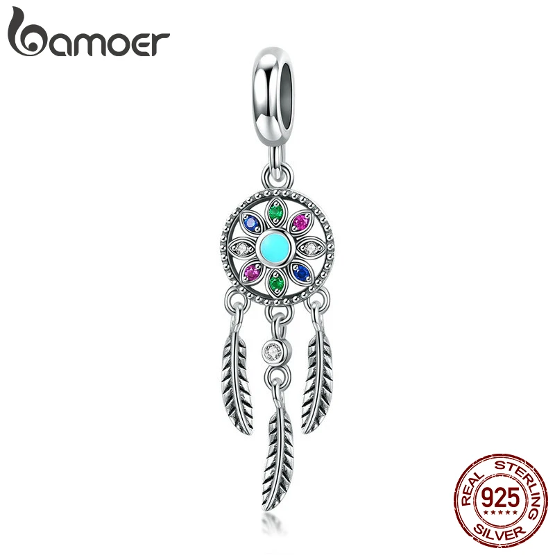 bamoer Authentic 925 Sterling Silver Bohemian Dream Catcher Pendant Dragonfly Charm fit Bracelet & Necklace DIY Jewelry Making