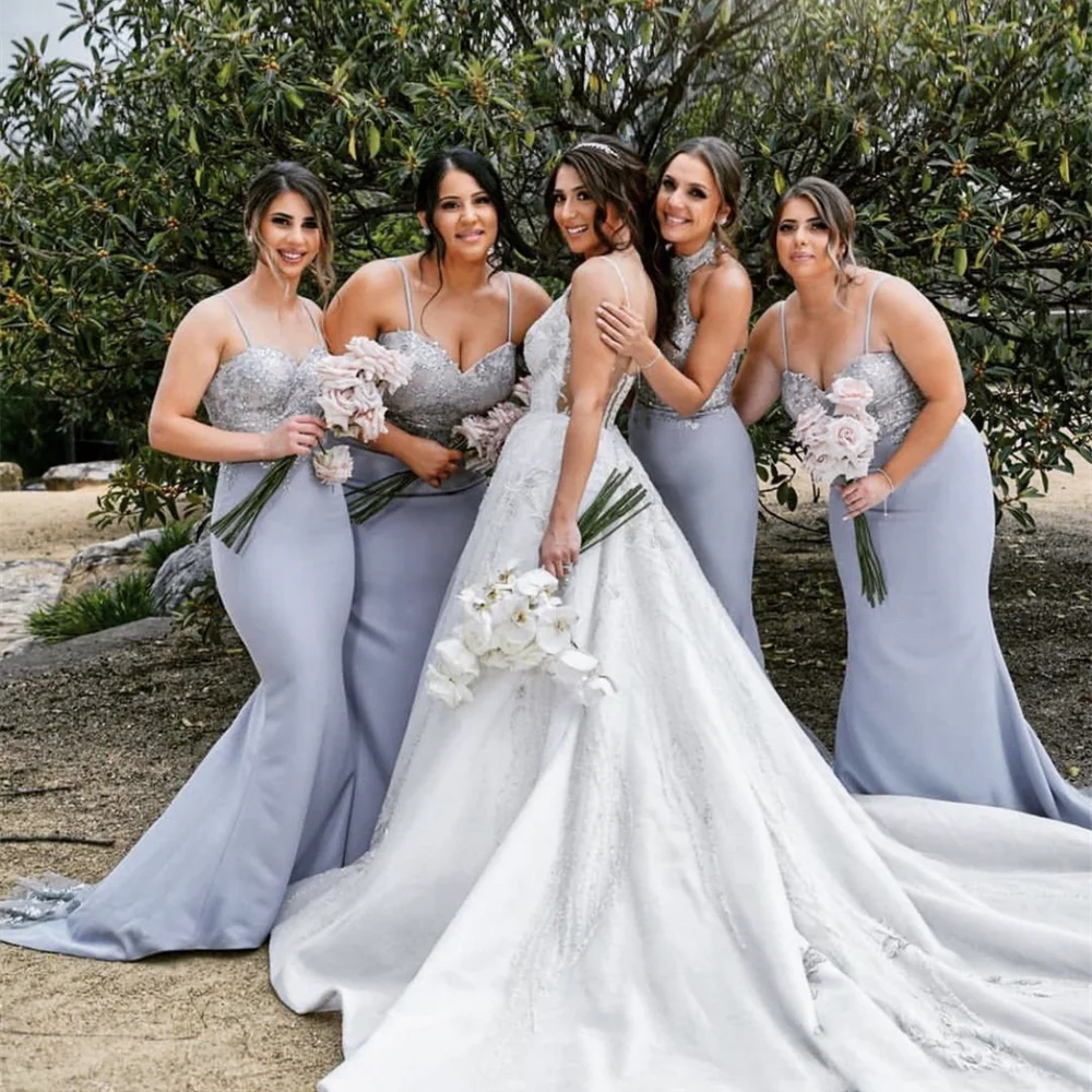 Vestido de dama de honra, sereia, alças espaguete, rendas, apliques, cetim, comprimento do chão, festa de casamento, feito sob encomenda