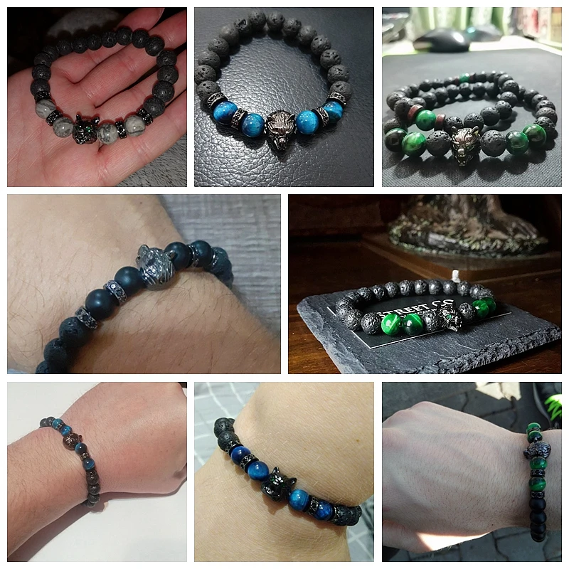 Wolf Charm Bracelets Men Natural Black Lava Stone Bracelets Brave Tiger Eye Bracelets Women Elastic Jewelry 8 mm Beads Pulsera