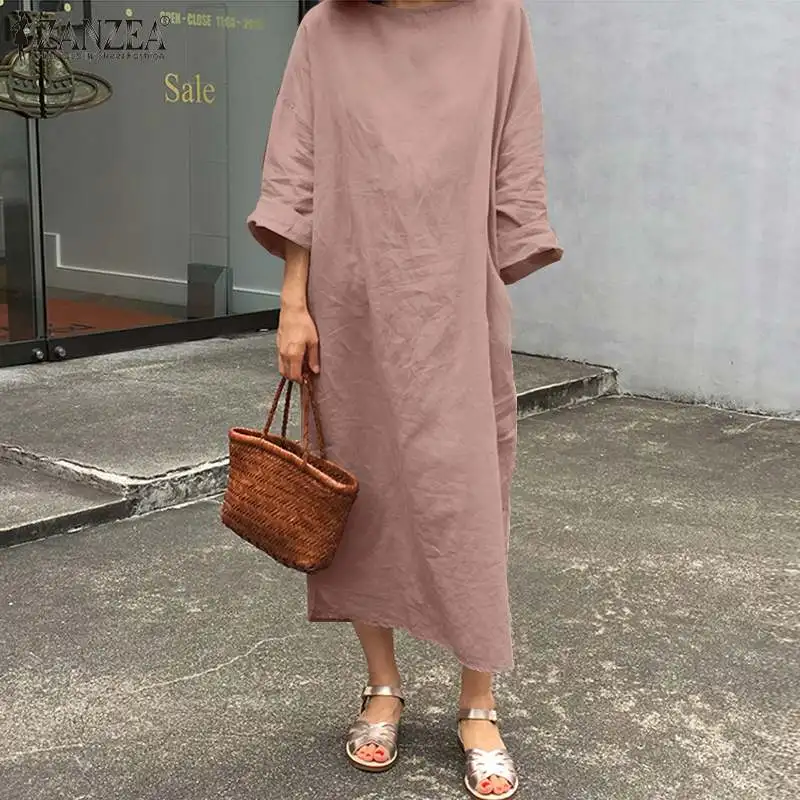 ZANZEA Women Spring O neck Long Sleeve Cotton Linen Dress Casual Sundress Elegant Solid Party Vestidos Kaftan  Dresses