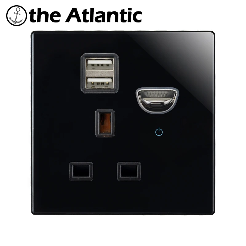 UK Plug Power Socket With USB Charger Wall Outlet Double Outlet Switch Black Glass Singapore Ireland Malta 146Type 13A Socket