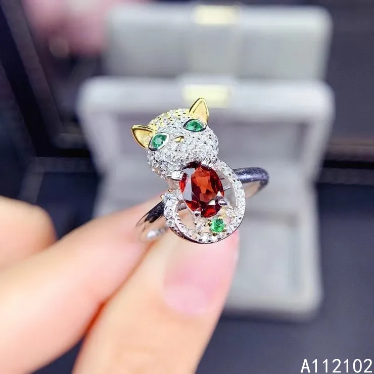 

KJJEAXCMY fine jewelry 925 sterling silver inlaid Natural garnet New Chinese style women's cat gem ring support detection