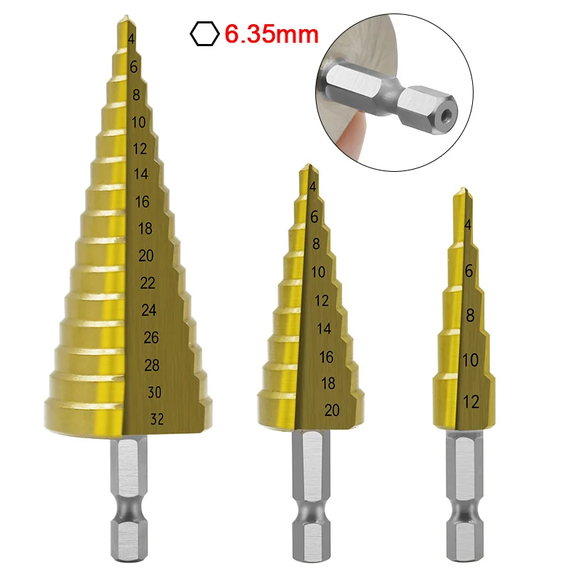 HSS step drill titanium rivestimento 4-12mm 4-22mm 4-32mm foro conico cutter 1/4 ''hex maniglia triangolo maniglia bit per legno metallo