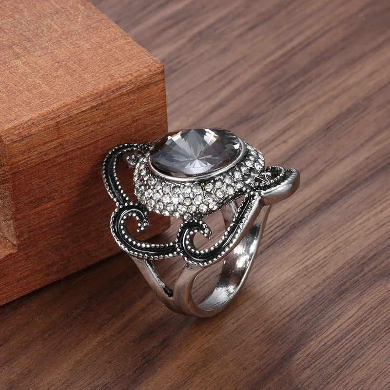 Kinel Fashion Gray Crystal Stone Flowers Female Ring Tibetan Silver Ethnic Wedding Vintage Jewelry