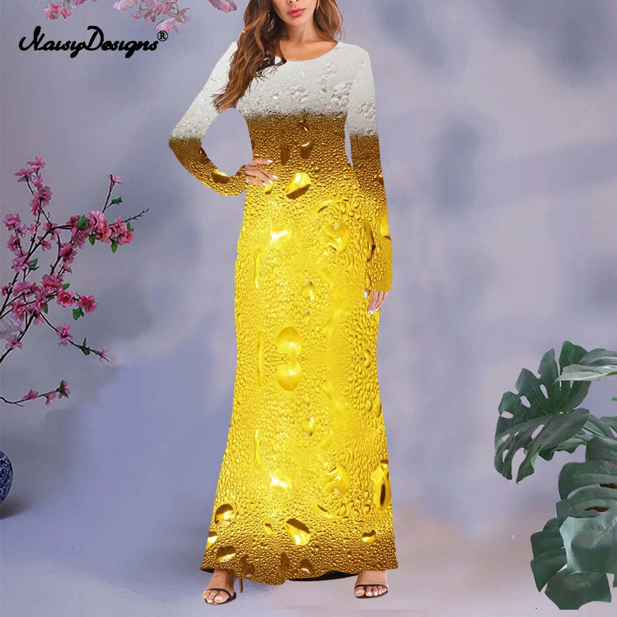 Noisydesigns Beer Up 3D Printed Women 4XL Long Sleeve Elegan Dress Ladies O-Neck Autumn High Elastic Vestidos Dropship