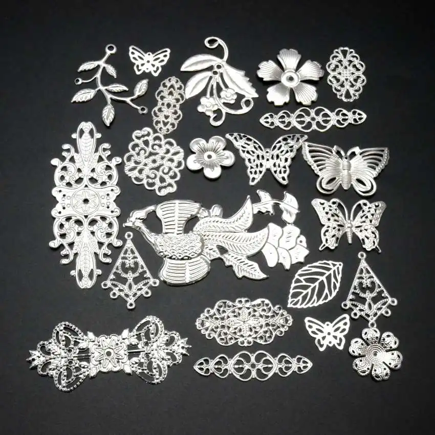 Free shipping! 30Pcs Silver Color Mixed Metal Filigree Wraps Connectors Metal Crafts Gift Decoration DIY Jewelry