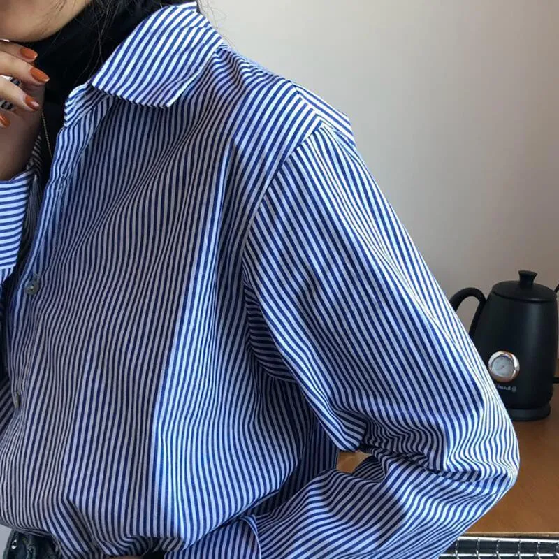 Women Shirt Office Ladies Shirt Blouse Long Sleeve Blue Striped Shirt Simple Casual Tops Ladies Plus Size Spring Autumn Summer