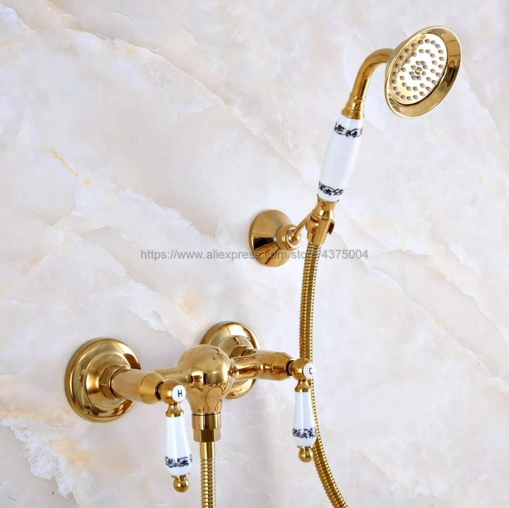 Imagem -04 - Ouro de Bronze Fixado na Parede do Banheiro Bacia Mixer Torneira com Chuveiro de Mão Cabeça & Torneira do Chuveiro Nna982 Cor do