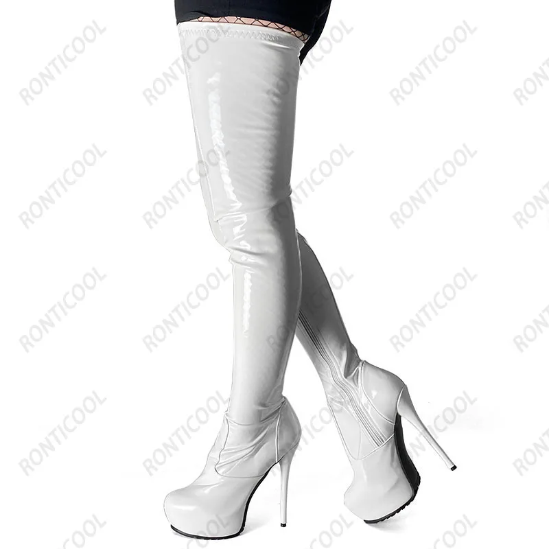 

Rontic Hot Women Spring Crotch Boots Stretch Patent Leather Stiletto Heel Round Toe Pretty Black Night Club Shoes US Size 5-20