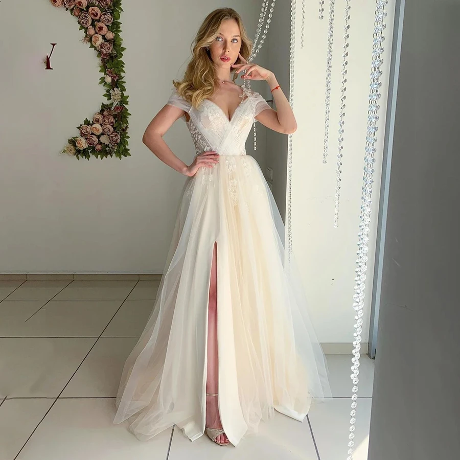 

Off the Shoulder Crisscross Ruched Tulle with Lace Applique A-line Wedding Dress Champagne Spaghetti Straps Bridal Dress