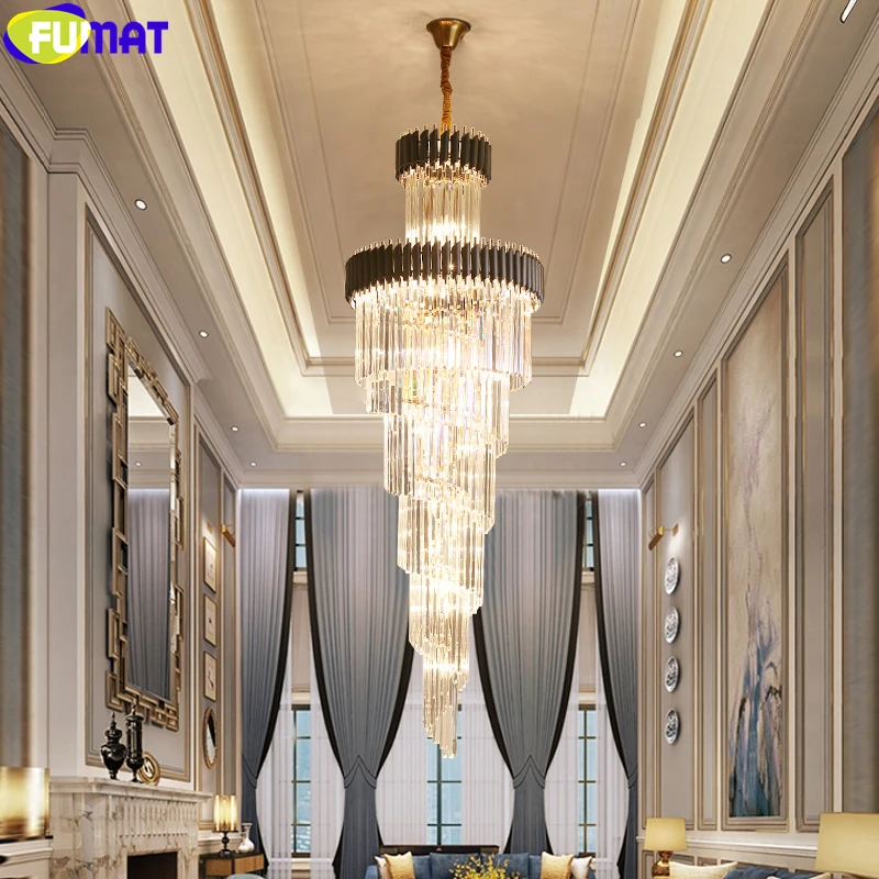 

FUMAT Crystal Pendant Lamps Stairway Hanging Fixture Chandelier LED Plated Gold Black Frame Palace Home Decor Duplex Villa Light