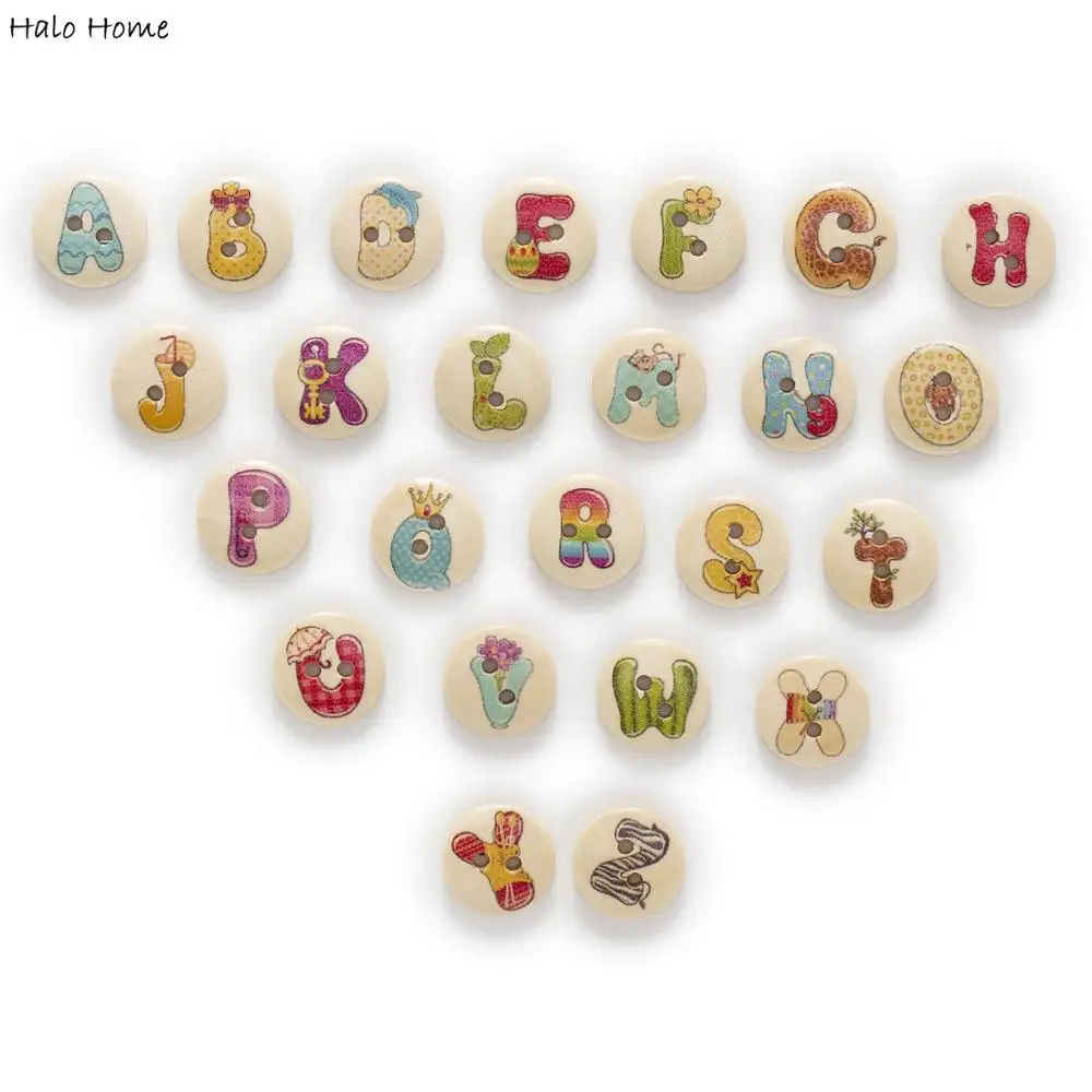 Mixed 50pcs 2 Hole Xmas/Bubble Alphabet/Letter Round Wood Buttons Sewing Scrapbooking Home Clothing Decor Card Making DIY 15mm