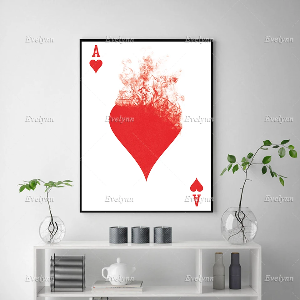 Ace Of Hearts, Playing Card Game Master Poker Wall Art, Heart Artwork Oil Painting Posters and Prints on Canvas Floating Frame