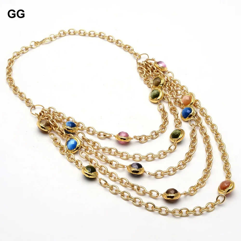 GuaiGuai Jewelry Punk Style 5 Rows Multi Color Cat Eye Gold Color Plated Chain Layers Long Necklace 19