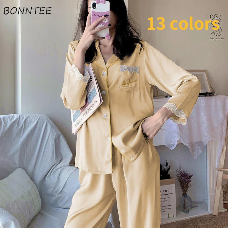 

Pajama Sets Women Summer 13 Colors Solid Simple All-match Comfortable Nightwear Fashion Full-length Girls Turn Down Collar New