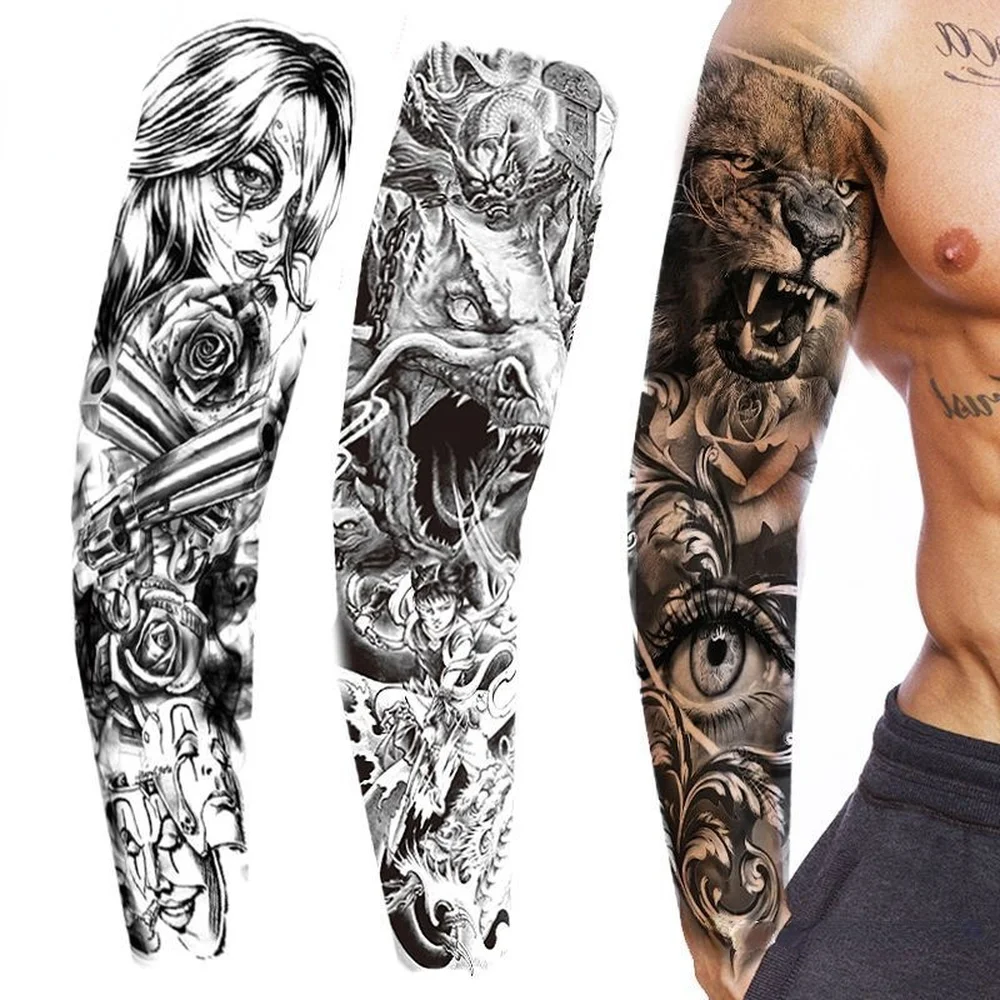 Full Arm Temporary Tattoos Sleeve for Men Women Realistic Fake Tatoo Warrior Lion Mechanical Skull Wolf Rose Tatto Sticker Totem