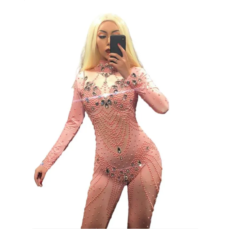 

Women Sparkly Rhinestone Pink Pearls Sexy Jumpsuit Stones Stretch Bodysuit Birthday Celebrate Sexy Stage Performance Costum