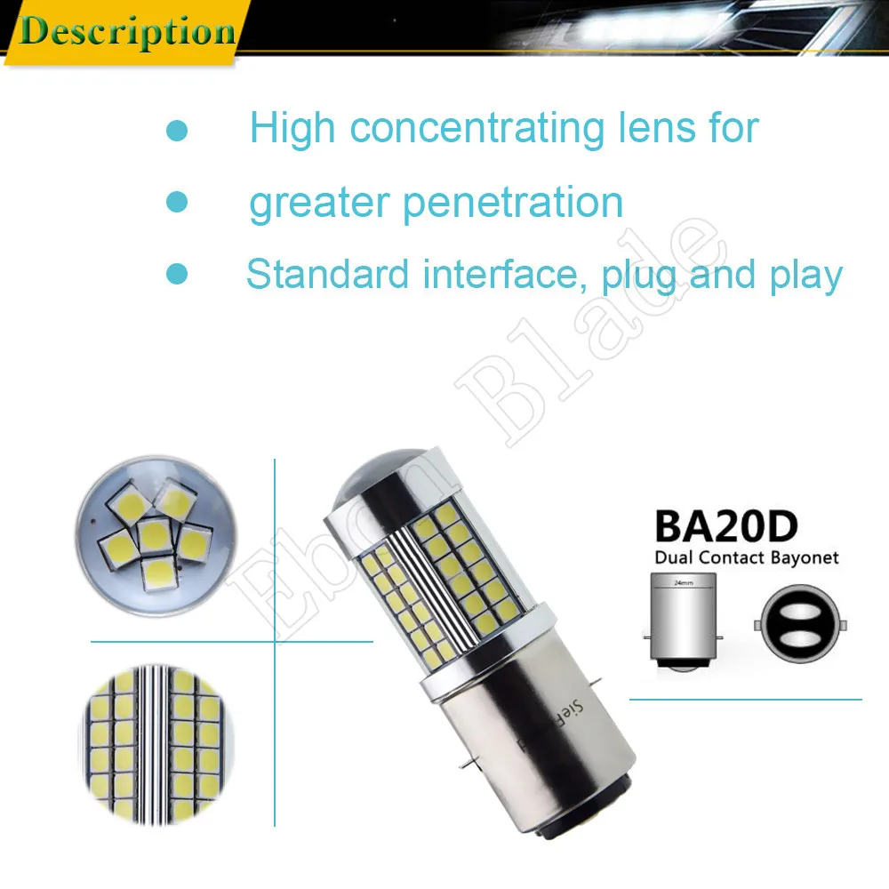 White Motorcycle Motorbike H6 Headlight 6V 12V BA20D H4 Bixenon Beam 3030 66SMD LED Moped Scooter ATV Lamp Bulb P15D P45T Light