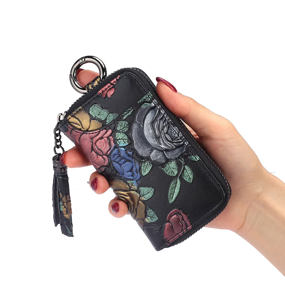 Funda con estampado de rosa para llaves de puerta, Cartera de cuero genuino con borla, 8 llaves