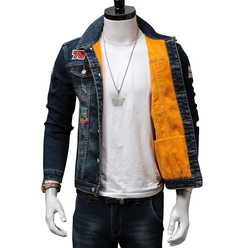 Men Winter Denim Velvet Thick Coat New Korean Slim Patchwork Warm Cowboy Jackets Tops Biker Trousers Two Piece Set Male S-3XL