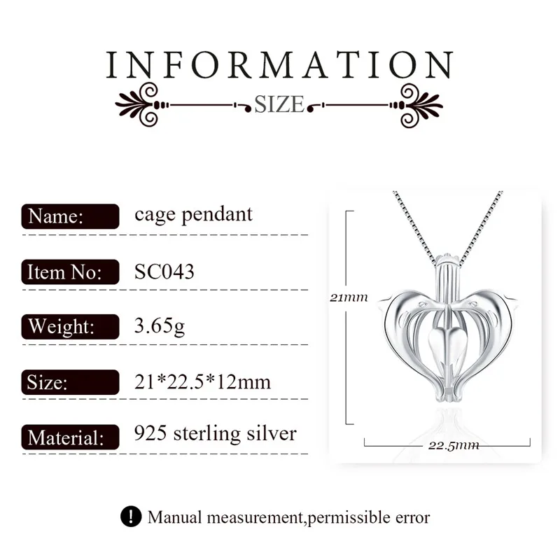 CLUCI 3pcs 925 Sterling Silver Double Dolphin Heart Shape Pearl Locket Silver 925 Charms Cage Pendant Women Jewelry SC043SB