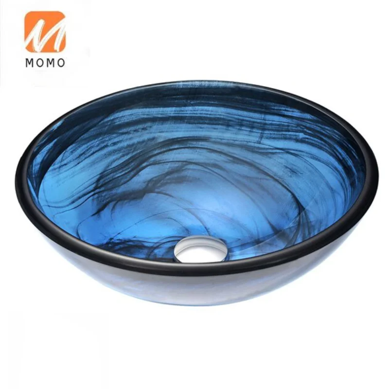 Double-Layer Glass Blue Tempered Washing Hand Basin Countertop Vessel Sink N48