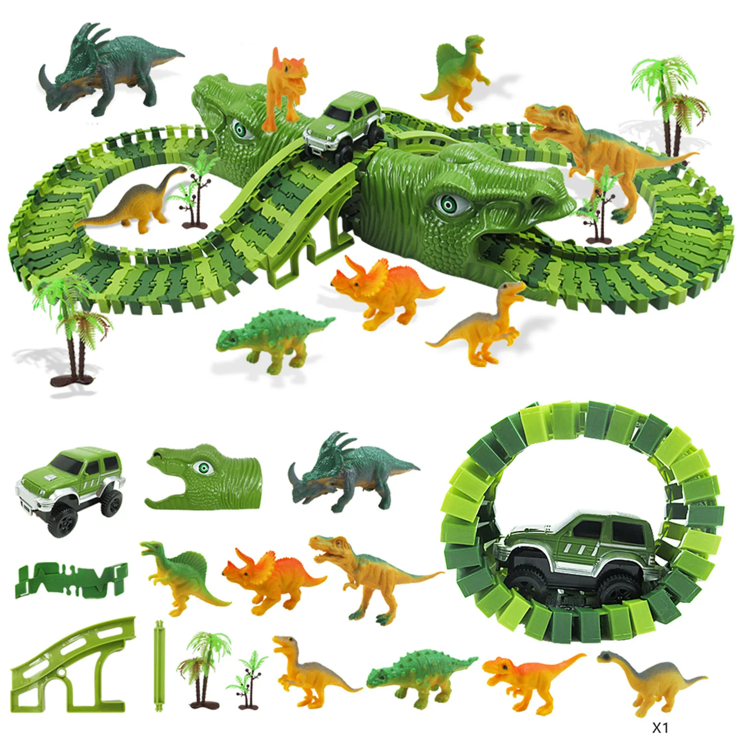 New DIY Assemble Jurassic Dinosaur Race Track Set Magical Racing Track Railway Electric Race Car Dinosaur Model Toy For Kids