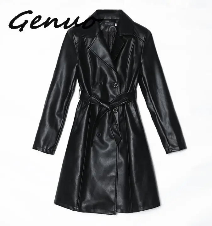 Genuo Women Sheepskin PU Leather Jacket Belt Gothic Black Trench Free Wash Autumn Winter Double-breasted  Cotton Coat