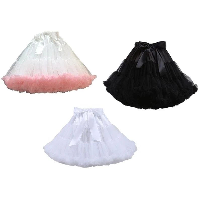 Women Lolita Cosplay Petticoat A-Line Puffy Tutu Skirt Layered Tulle Ballet Dance Pettiskirts Big Bowknot Underskirt