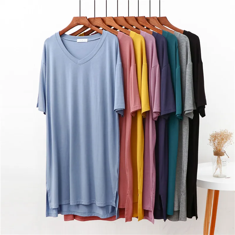 Summer Sleepwear Women New Modal Loose V-neck Long Skirt Side Slit Casual Nightgowns Irregular Nightdress Homewear Sleep Dress