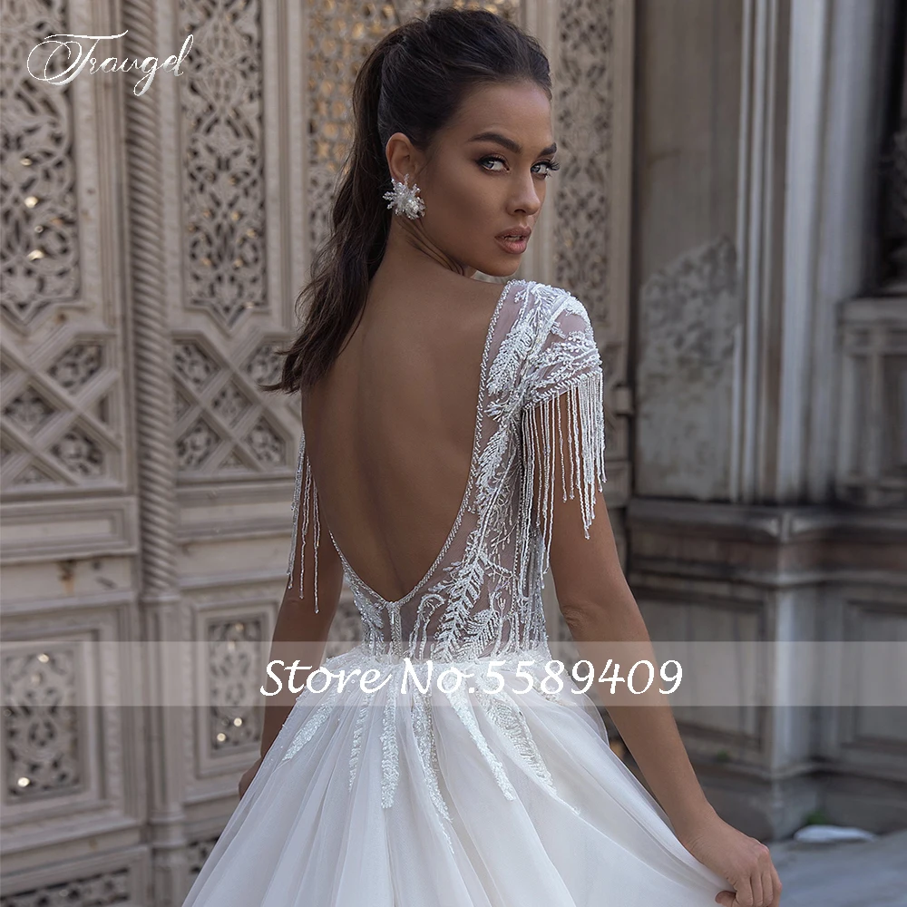 Traugel sexy decote em v sem costas borla rendas sereia vestidos de casamento apliques de luxo frisado trem destacável trompete vestidos de noiva