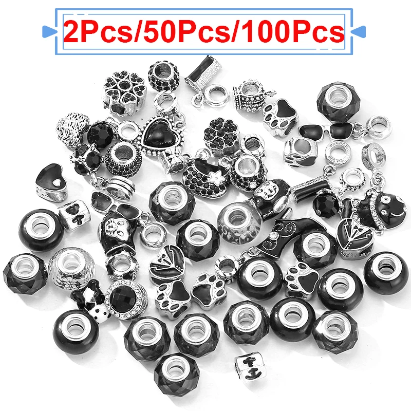 15Pcs/100Pcs Special Offer Black Charm Beads DIY Brand Bracelets Necklace For Women Men Jewelry Accessories Mixing Random Ship