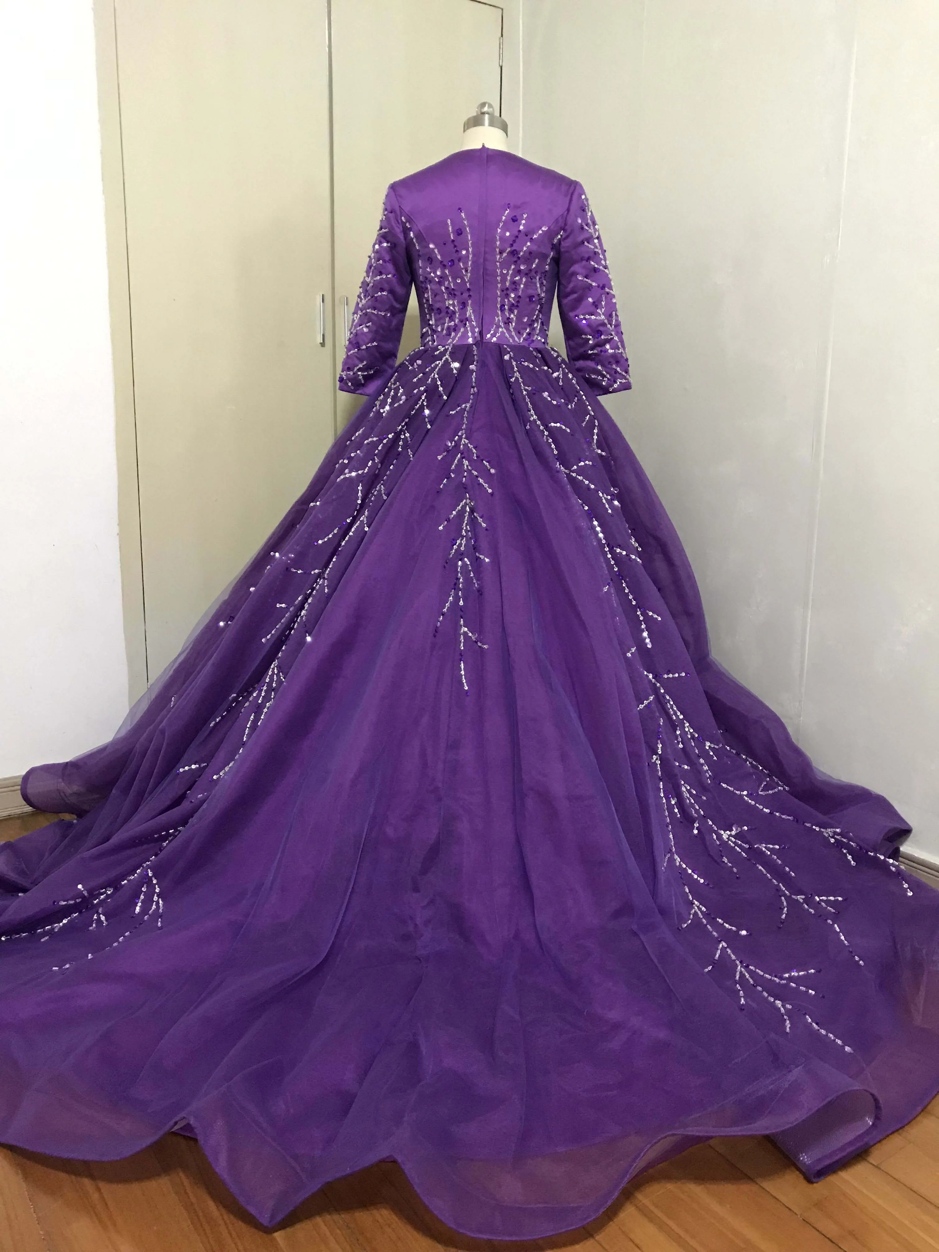 Fashion Vestidos De Formature O Neck Beaded Sequins Long Sleeve Purple Prom Dresses 2020