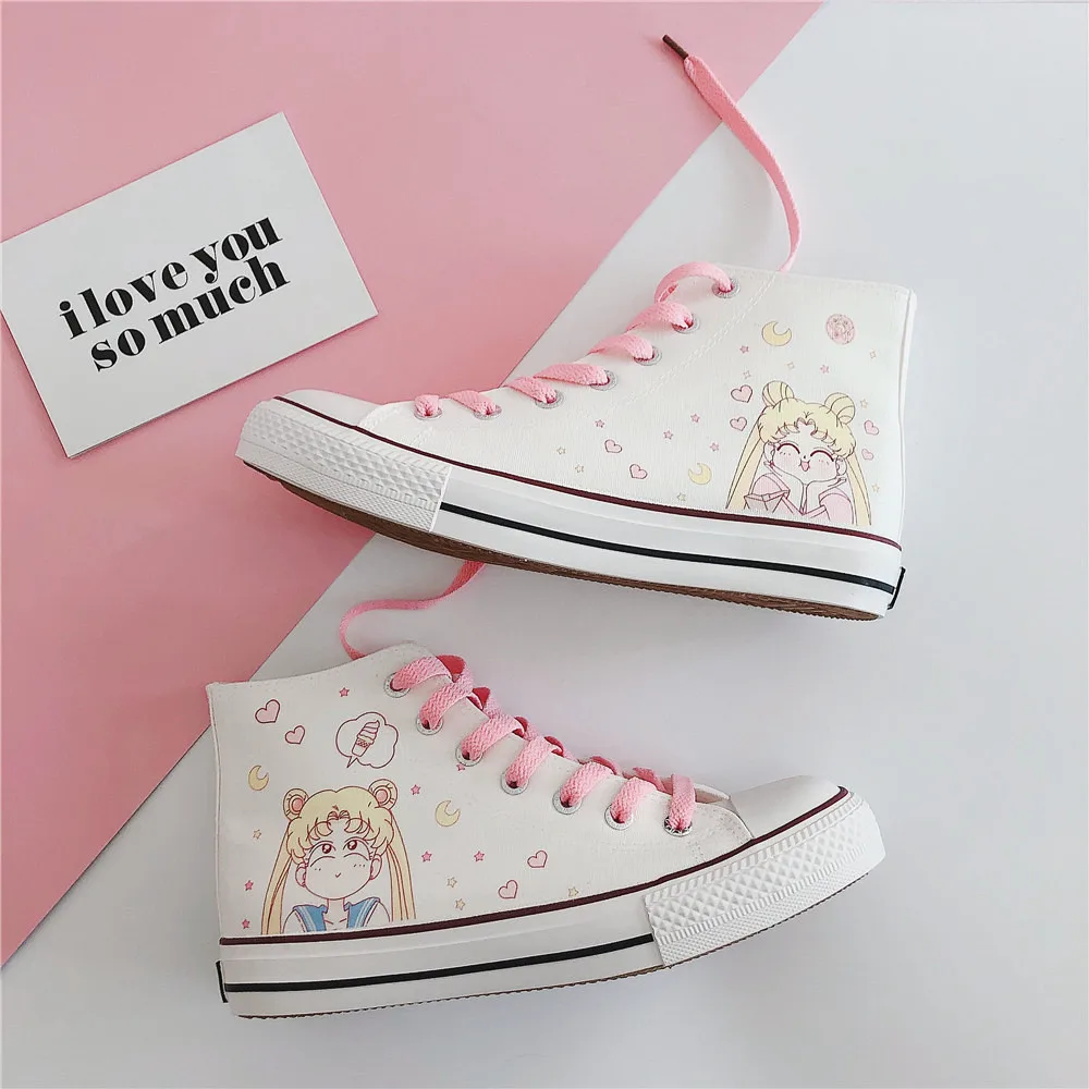 Pink cartoon cute canvas shoes sweet girl high-top student casual shoes  women shoes loli cosplay cos kawaii girl tea party