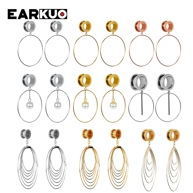 EARKUO Fashionable Stainless Steel Round Pearl Dangle Ear Screw Plugs Tunnels Body Piercing Jewelry Ear Gauges Expanders 2PCS