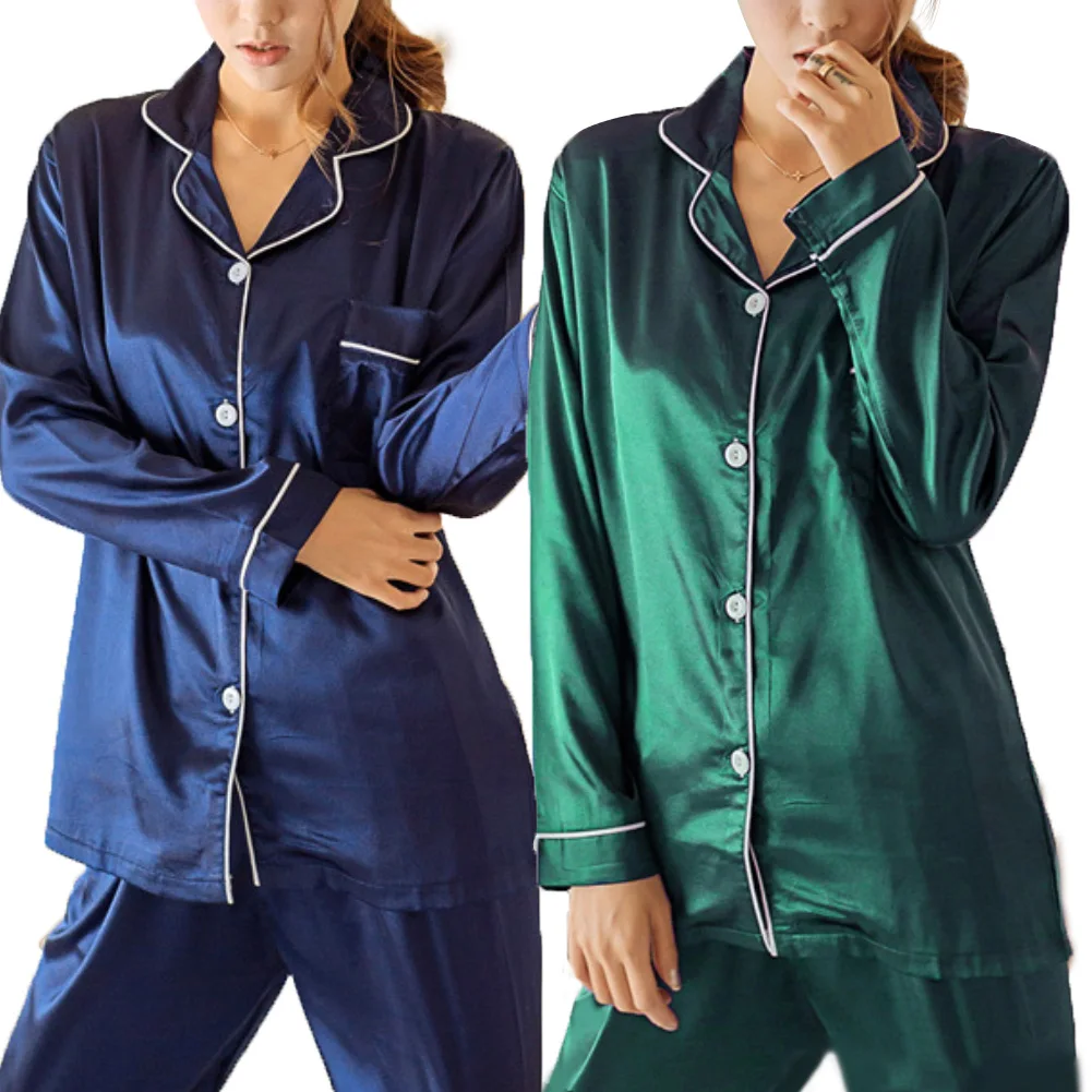 2Pcs Autumn Pajamas Set Women Solid Color Imitation Silk Homewear Long Sleeve Shirt Pants Nightwear Sleepwear Women Pajamas Set