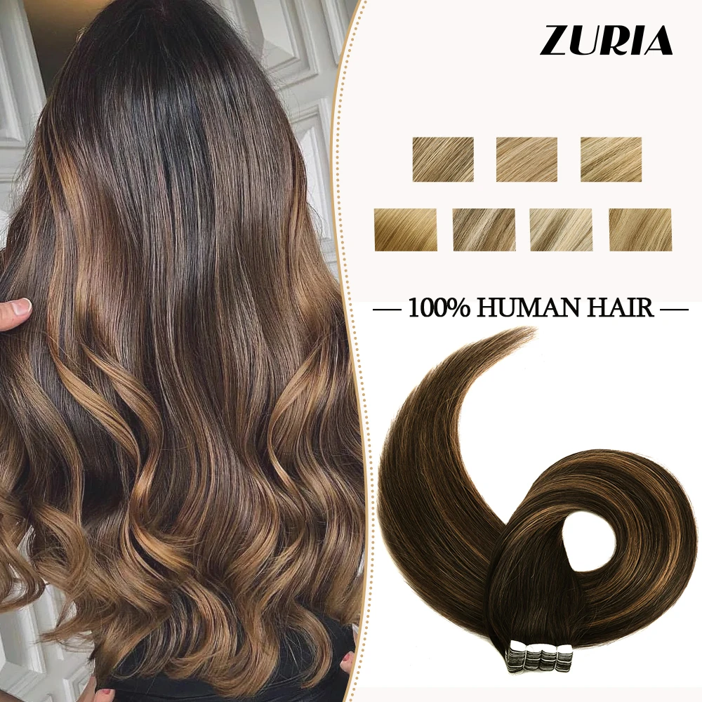 ZURIA Mini Tape in Human Hair Extensions Straight Skin Weft Real Natural Glue Non-Remy 12\