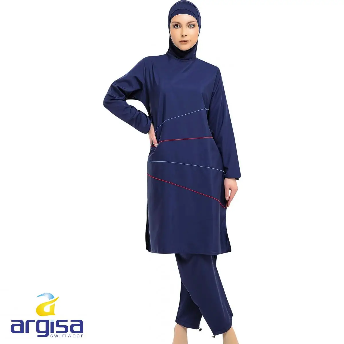 Argisa 7116 Extra Long Sleeve Hidden Zipper Full Burkini Muslim Swimwear S-XXXL Hijab Islamic Swimsuit Turkey Women Blue GRAY